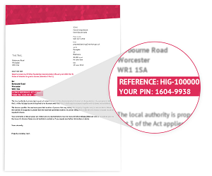 An example of a notice letter showing where the reference and PIN are located